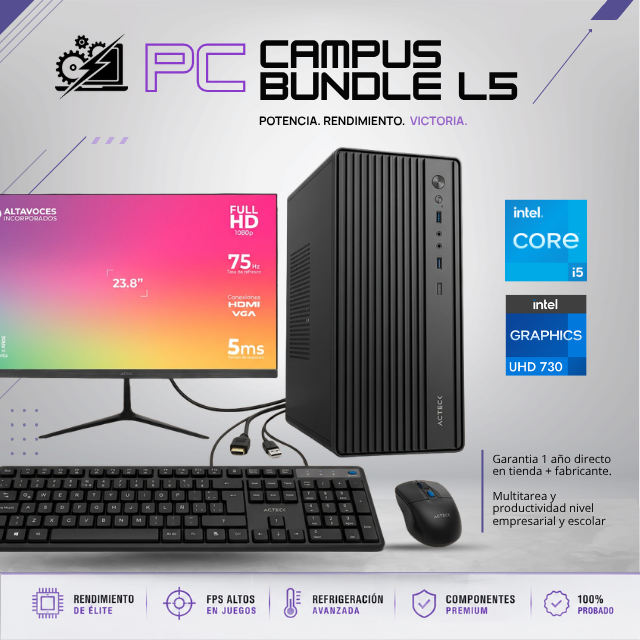PC CAMPUS BUNDLE L5/ INTEL CORE I5-14400 / 16GB RAM DDR4 / 256GB SSD NVME / H610M / FUENTE 600W / W11 PRO / PROMOCION