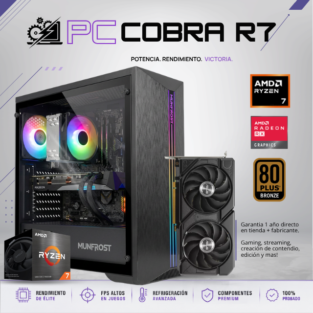 PC COBRA R7 / AMD RYZEN 7 5700 / RADEON RX 7600 / 16GB RAM / 500GB SSD NVME / A520M / DISIPADOR DE TORRE / FUENTE 650W 80+ BRONZE / W11 PRO / PROMOCION
