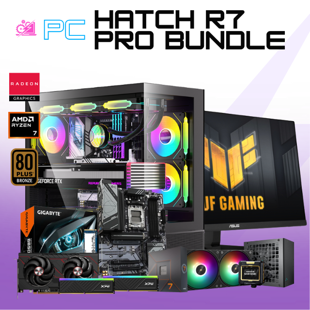 PC HATCH R7 PRO BUNDLE / AMD RYZEN 7 7700X / RX 9060 XT 16G / 32GB RAM DDR5 / 1TB SSD M.2 NVME / ENFRIAMIENTO LIQ 240MM / FUENTE 750W 80+ BRONZE / MONITOR ASUS 200HZ FHD 23.8"/ W11 PRO / PROMOCION