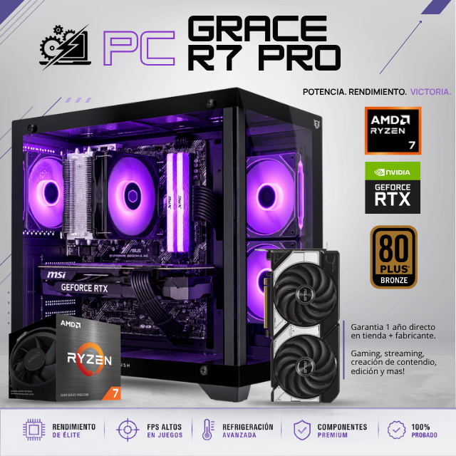 PC GRACE R7 PRO / AMD RYZEN 7 5700X / RTX 5060 / 32GB RAM / 1TB SSD M.2 NVME/ DISIPADOR DE TORRE / FUENTE 650W 80+ BRONZE / W11 PRO / PROMOCION
