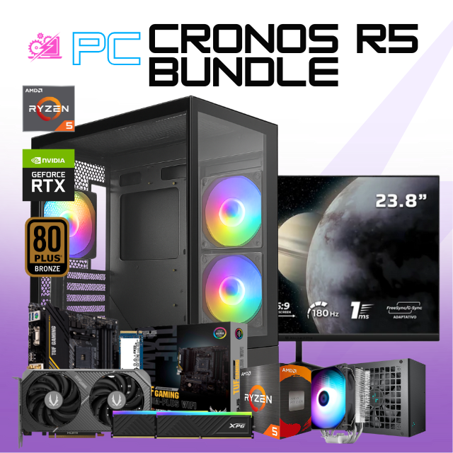 PC CRONOS R5 BUNDLE / AMD RYZEN 5 5600X / RTX 5060 / 32GB RAM / 1TB SSD NVME / DISIPADOR DE TORRE ARGB / FUENTE 650W 80+ BRONZE/ MONITOR 23.8" FHD 180HZ 1MS / W11 PRO / PROMOCION