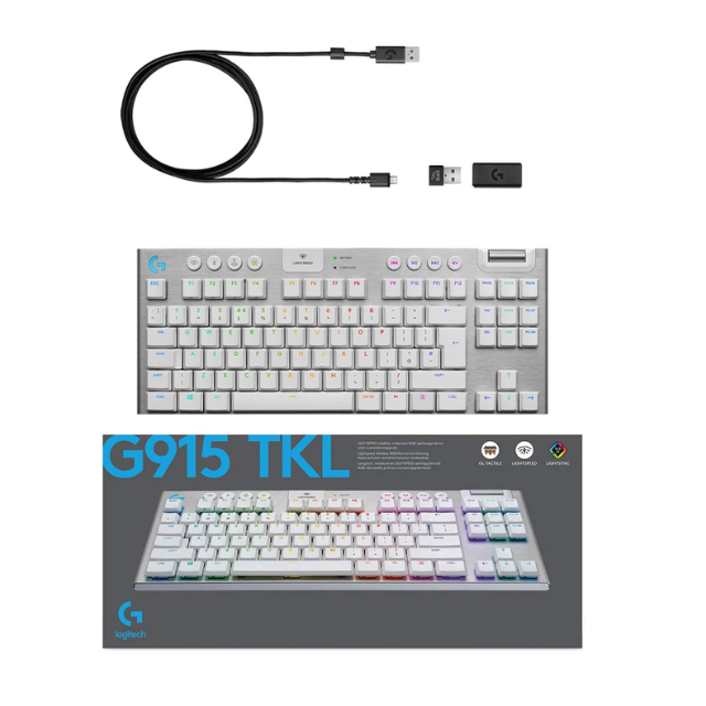 Teclado Mecánico Gamer Logitech G915 TKL White/ Inalámbrico Lightspeed / Switch Bajo perfil GL Táctil / RGB Lightsync / Ingles / 920-009660 