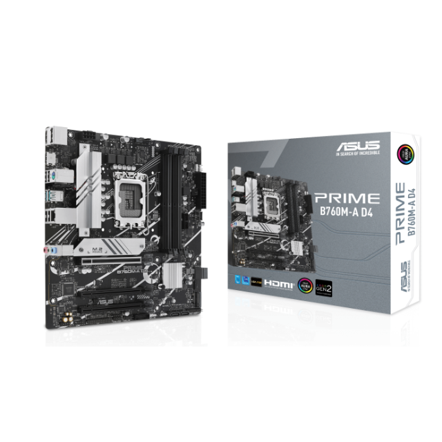 Tarjeta Madre Asus Prime Intel® B760M-A D4 (LGA 1700) mATX motherboard, PCIe 4.0, two M.2 slots, Realtek 2.5Gb Ethernet, DisplayPort, Dual HDMI®, SATA 6 Gbps, rear USB 3.2 Gen 2, front USB 3.2 Gen 1 Type-C®, Aura Sync