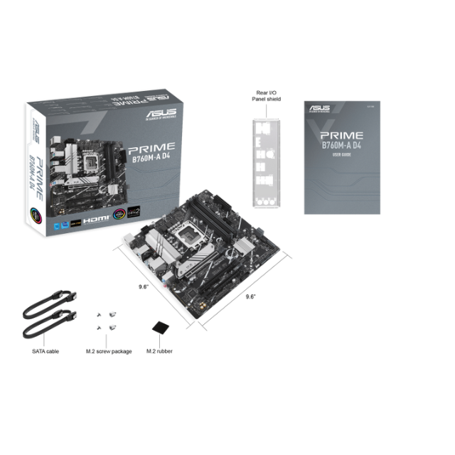 Tarjeta Madre Asus Prime Intel® B760M-A D4 (LGA 1700) mATX motherboard, PCIe 4.0, two M.2 slots, Realtek 2.5Gb Ethernet, DisplayPort, Dual HDMI®, SATA 6 Gbps, rear USB 3.2 Gen 2, front USB 3.2 Gen 1 Type-C®, Aura Sync